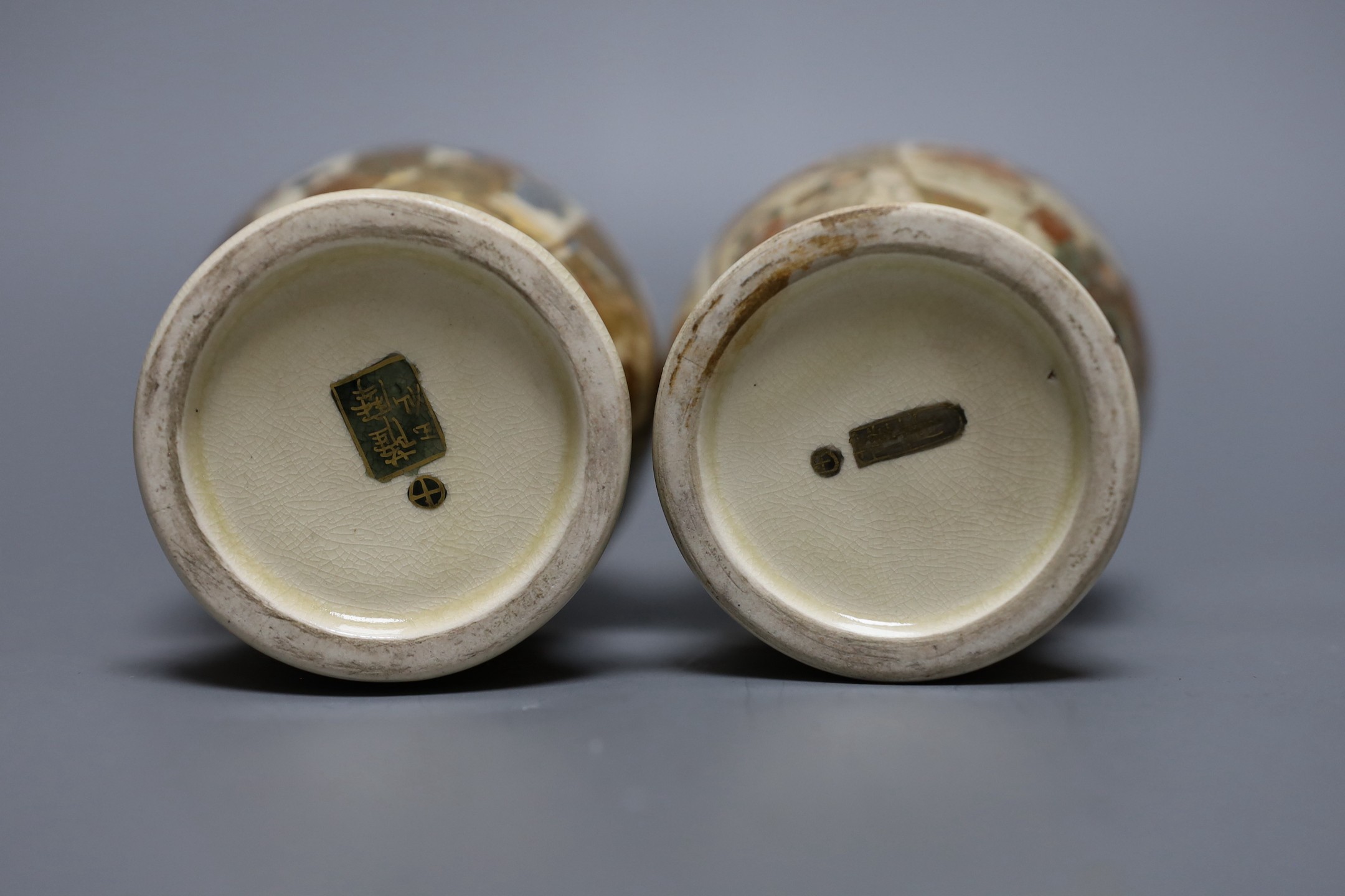 A pair of Japanese Satsuma pottery small vases, Meiji period, 18cms high